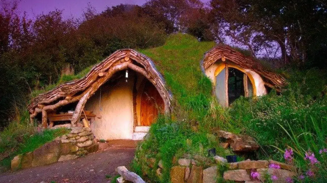 Encantadora casa cueva con techos de madera y césped, integrada en una colina bajo un cielo púrpura con luna creciente.